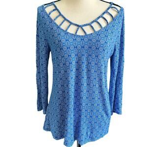 Dana Buchman Blue Geometric Long Sleeve Blouse Women's Medium